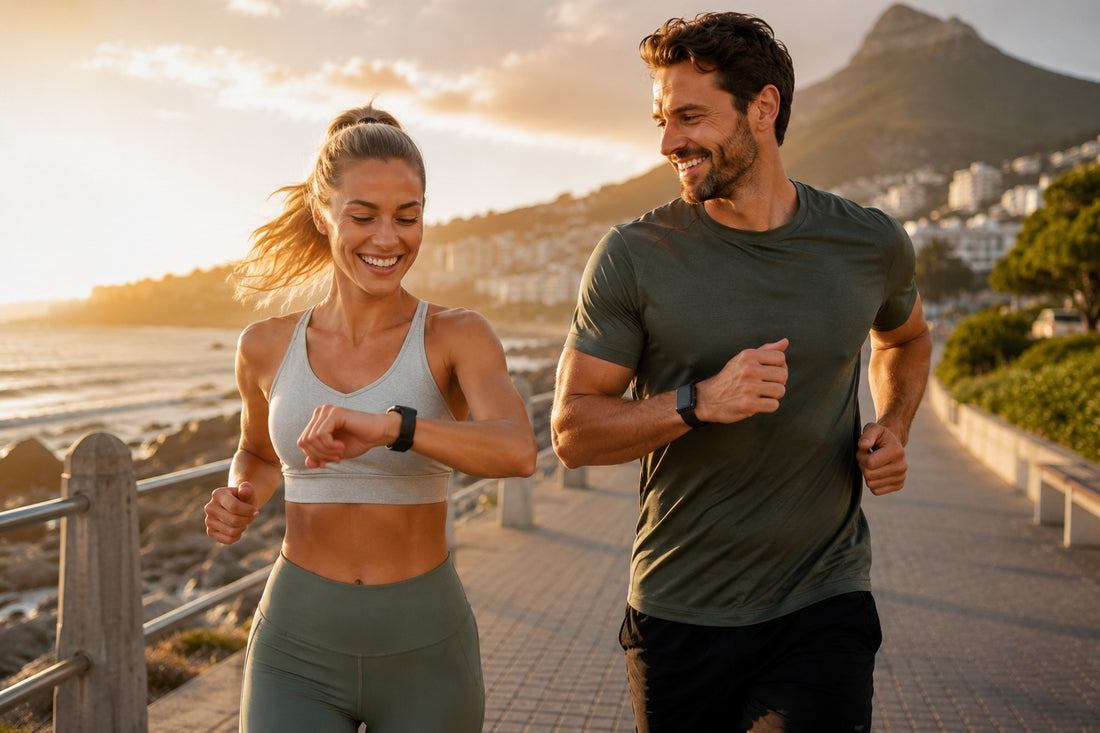 Man and woman jogging together on a scenic path with mountains in the background
