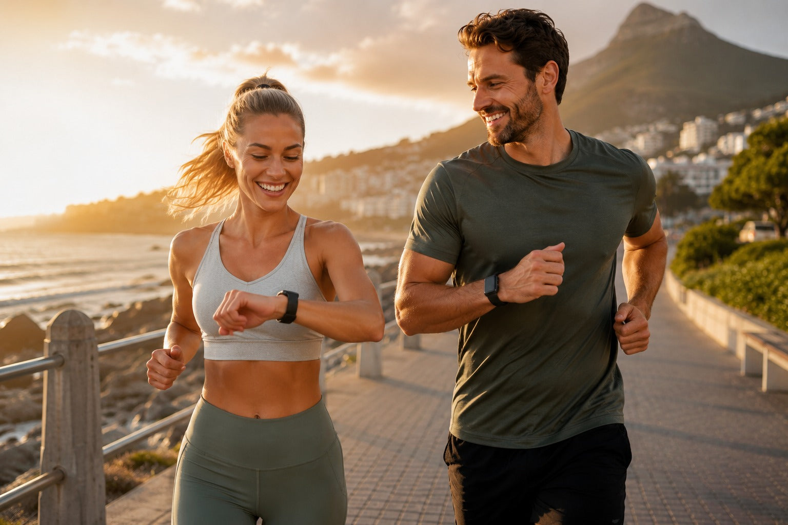 Man and woman jogging together on a scenic path with mountains in the background