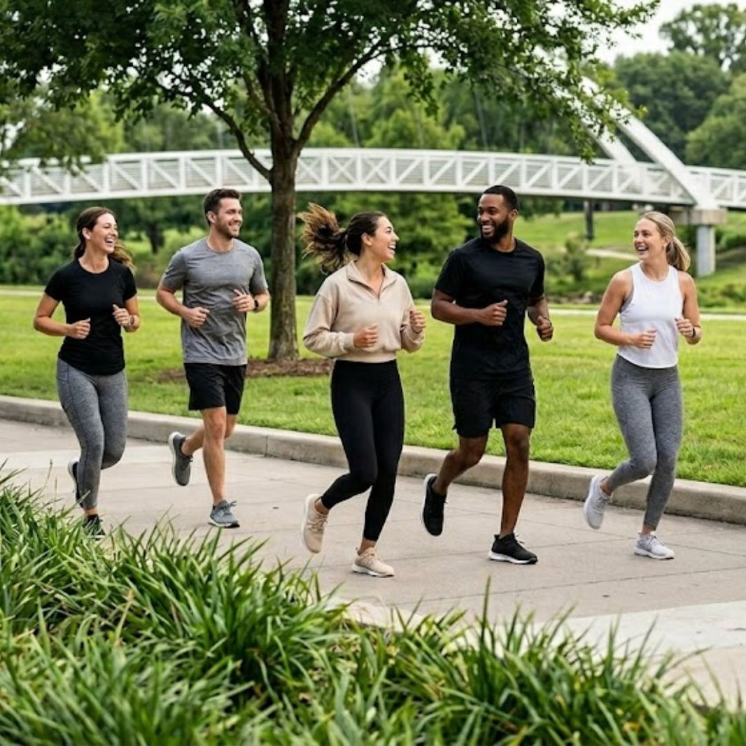 Group of five people running outdoors on a path with greenery and a bridge in the background.