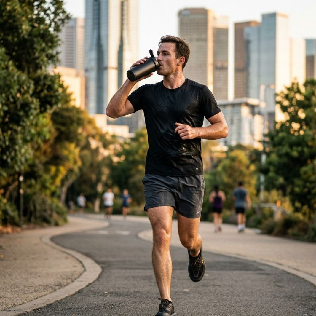 Man running outdoors with a cityscape in the background