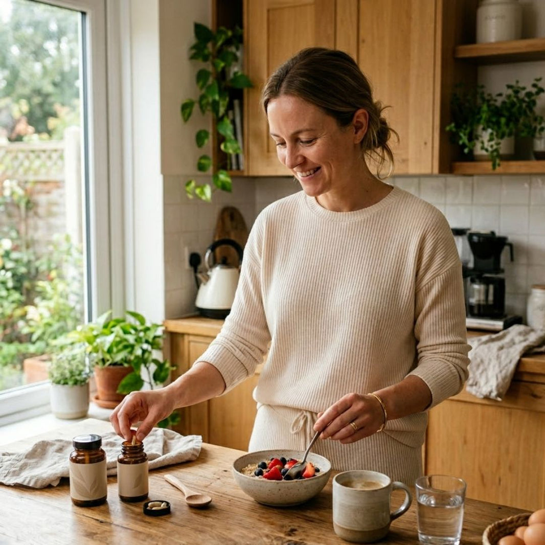 Woman in a kitchen preparing a meal with a bowl of fruit and a cup of coffee.
